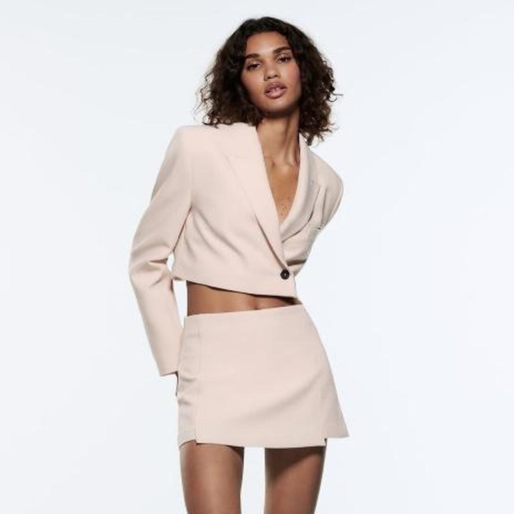 Zara Cream Cropped Blazer and Skirt Set